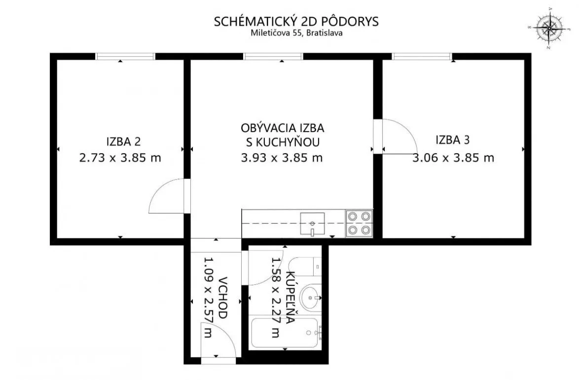 Схема планировки трехкомнатной квартиры — 3-к квартира, аренда, Братислава (Ружинов)