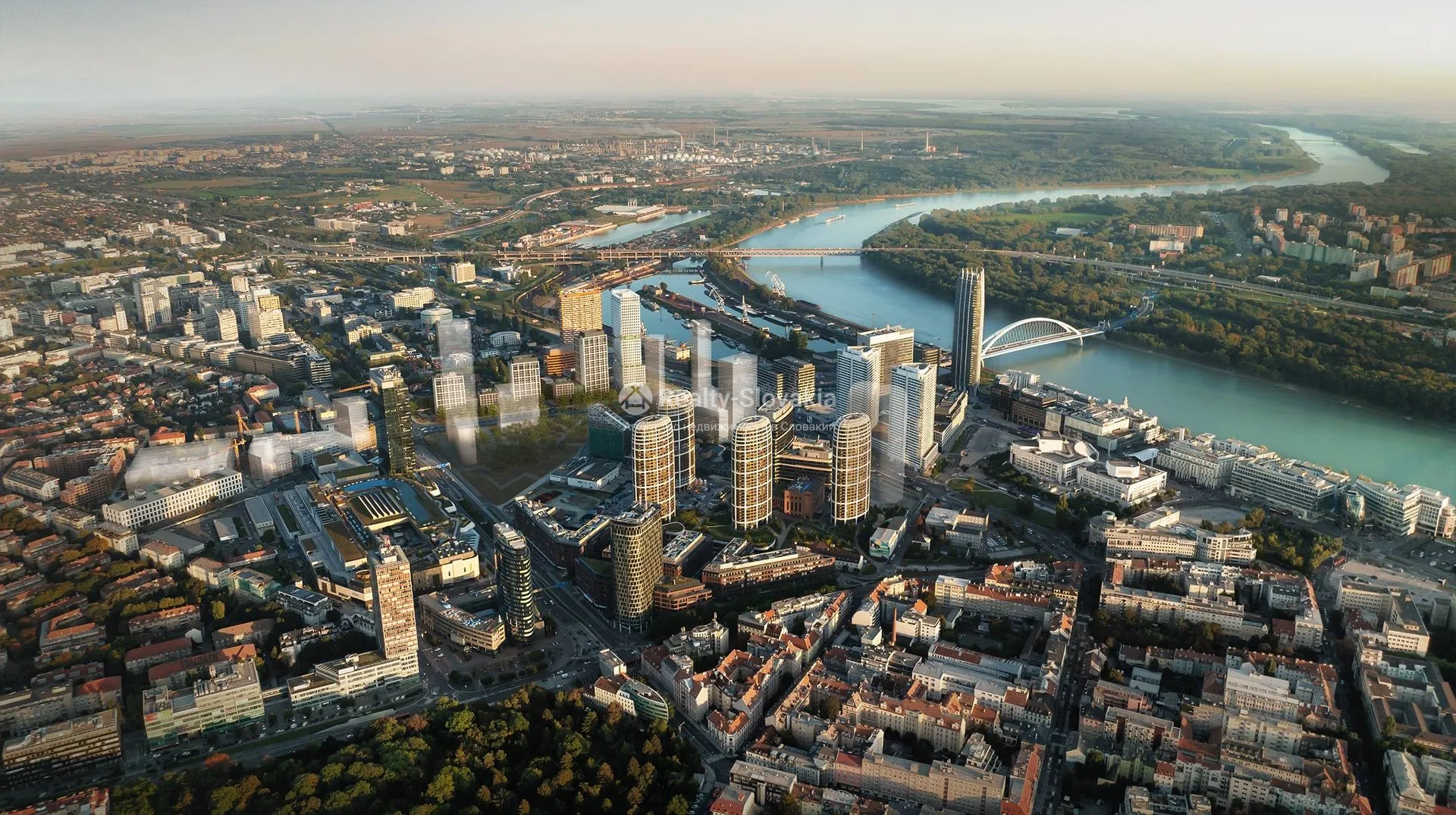 Вид на город с рекой и мостами — 1,5-к квартира, продажа, Братислава (Ружинов)