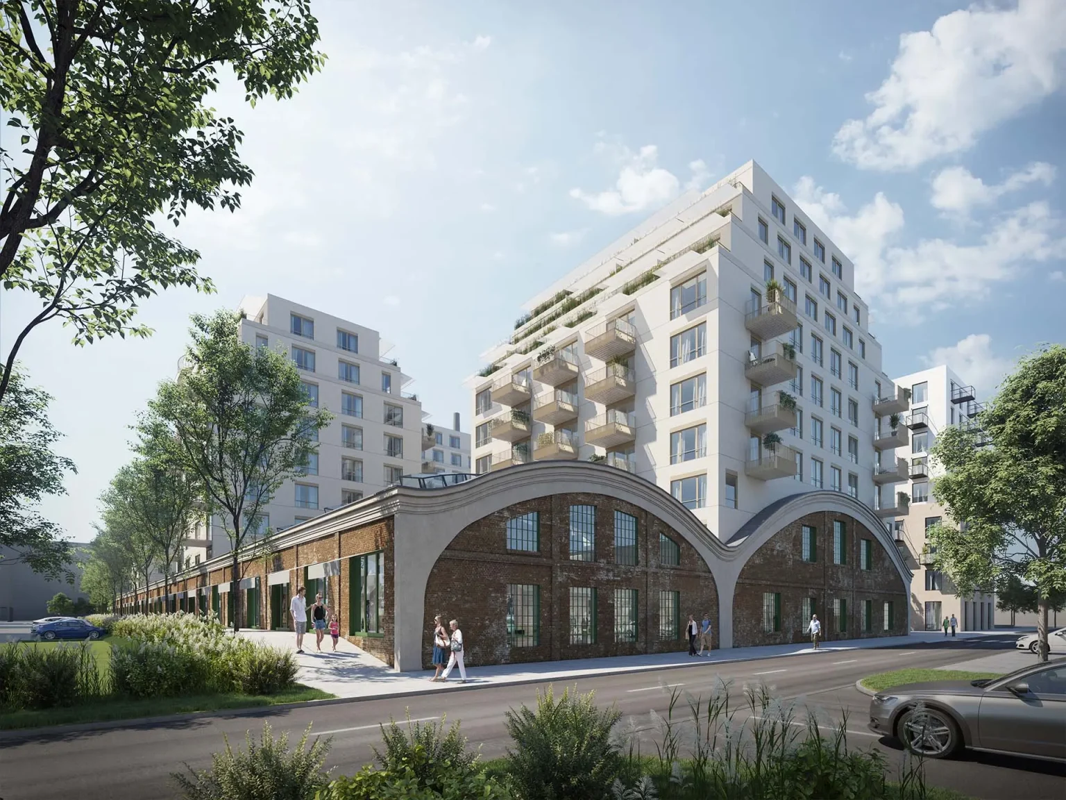 Проект Matadorka Living: Белые корпуса рядом с кирпичным зданием