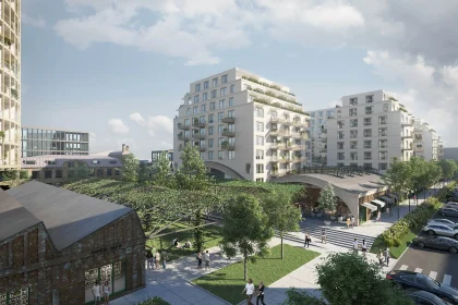 Проект Matadorka Living: Панорама белых корпусов над зелёным двором и кирпичными строениями