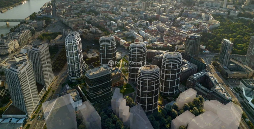 Проект Sky Park Tower: Вид сверху на группу округлых башен среди городских кварталов
