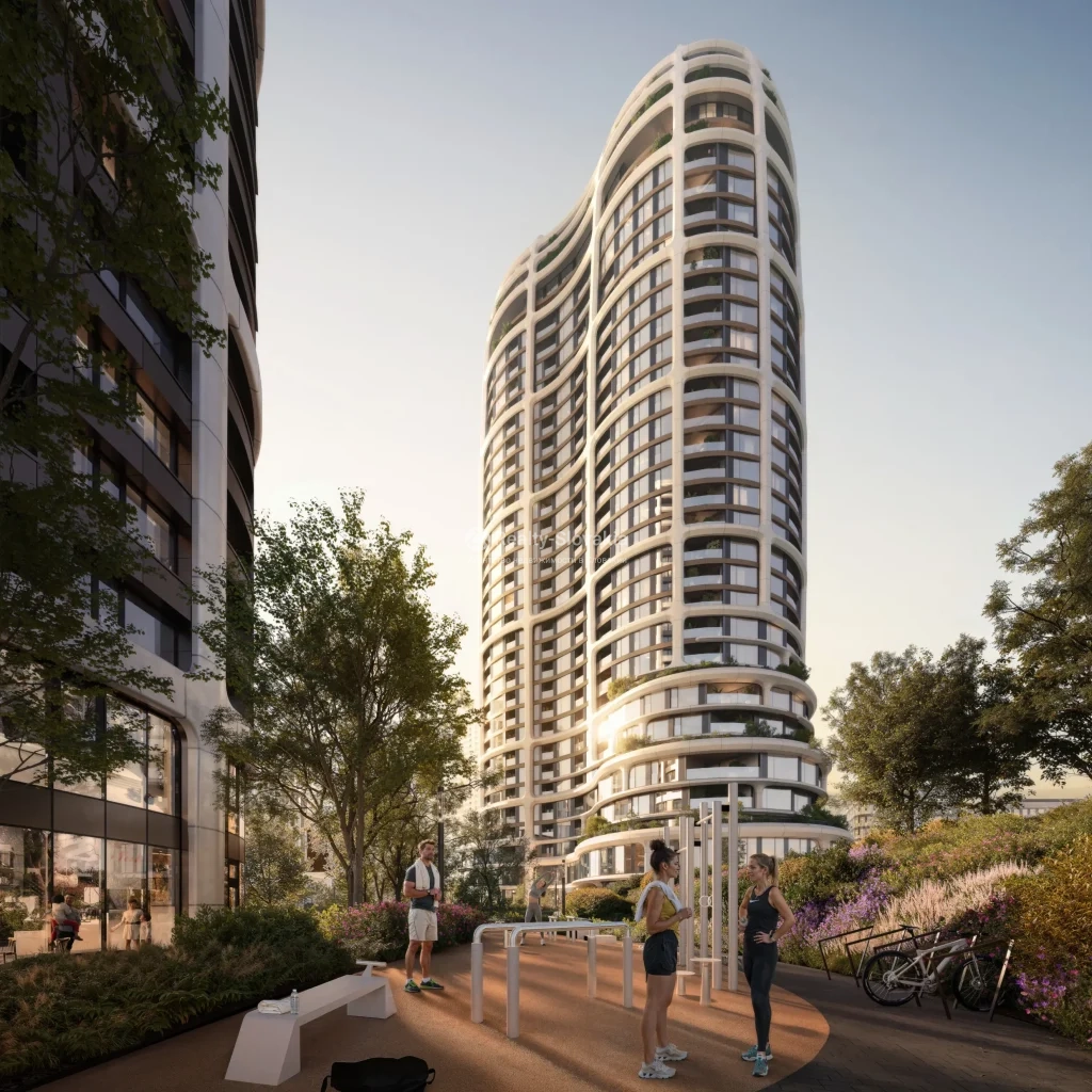 Проект Sky Park Tower: Башня с волнистыми линиями фасада у озеленённой спортивной площадки
