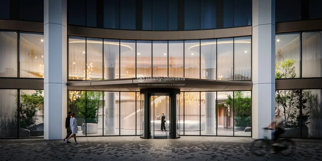Проект Sky Park Tower: Остеклённый вход и освещённый двухуровневый вестибюль