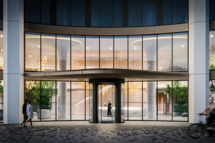 Проект Sky Park Tower: Остеклённый вход и освещённый двухуровневый вестибюль