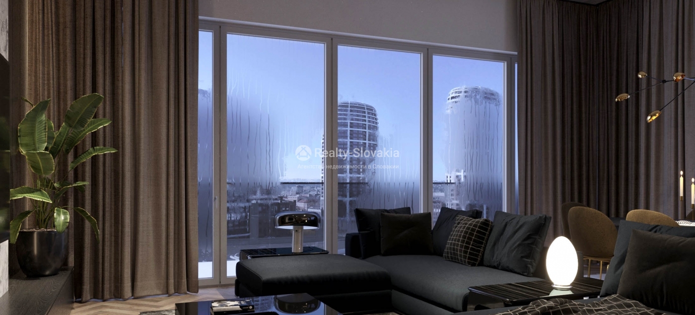 Проект Apollo Residence: Тёмный интерьер с панорамным окном и городскими огнями