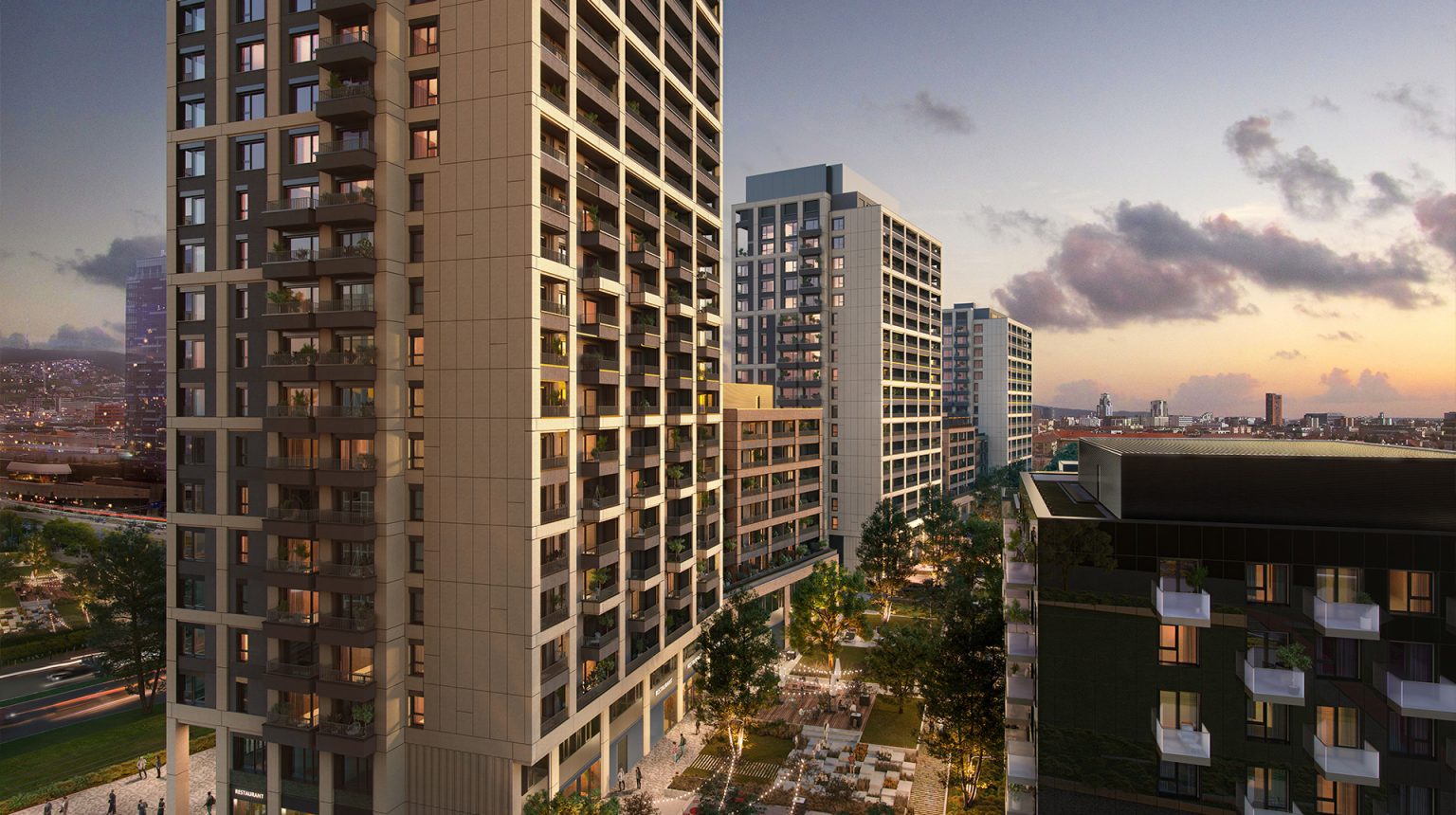 Проект Downtown Yards: Высотные корпуса и освещённый двор в сумерках