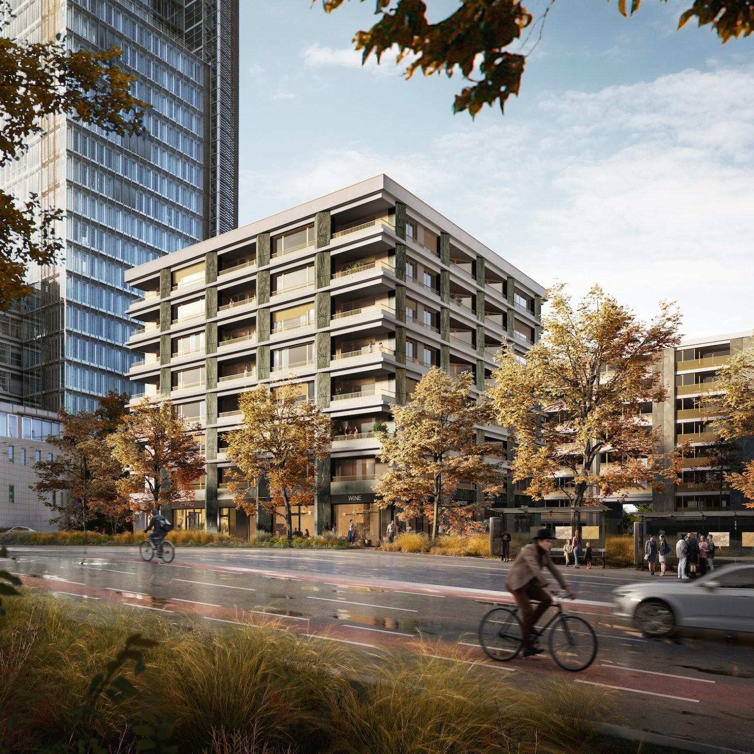 Проект Florian Residence: Фасад дома на зелёной улице с велосипедами