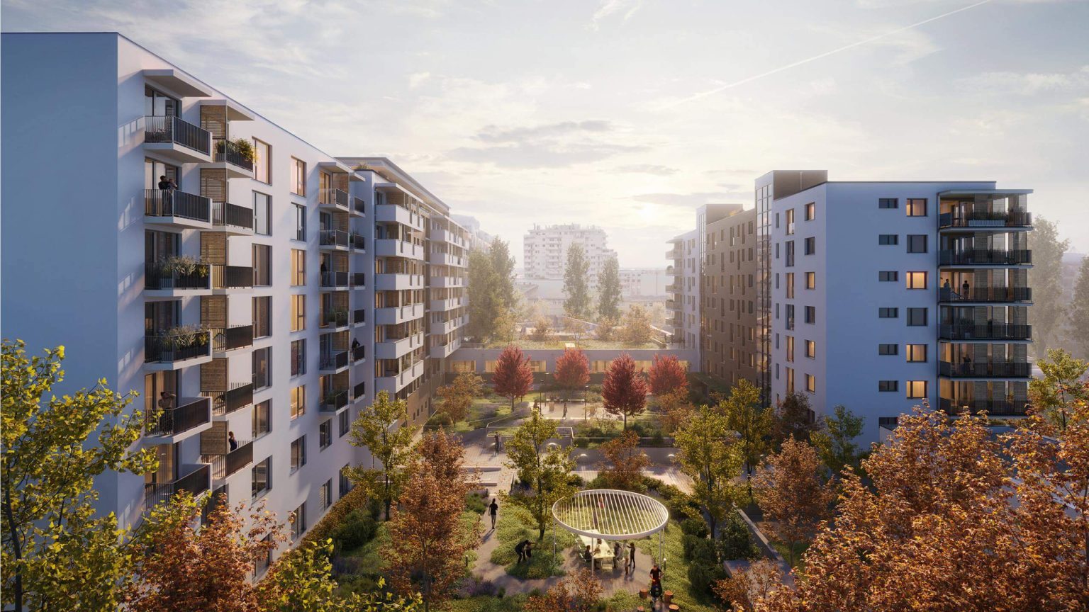 Визуализация. Проект Green Atrium: Широкий ракурс озеленённого двора между домами