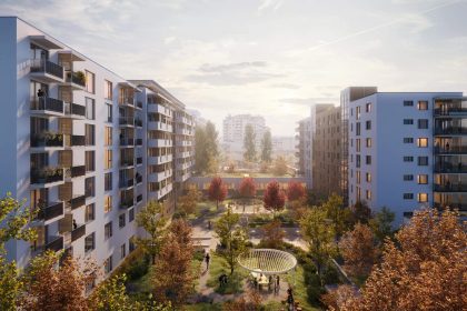 Проект Green Atrium: Широкий ракурс озеленённого двора между домами