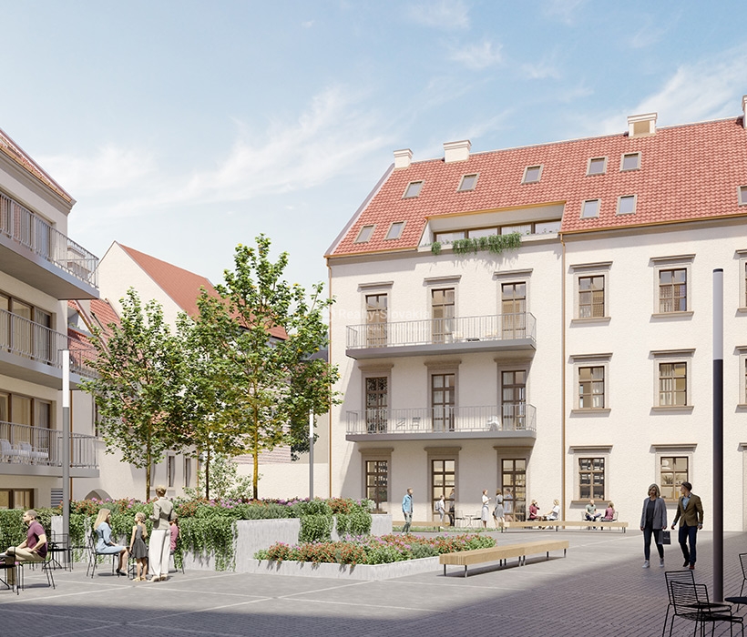 Проект Palais Esterházy: Двор исторического дома с красной крышей, цветниками и скамьями