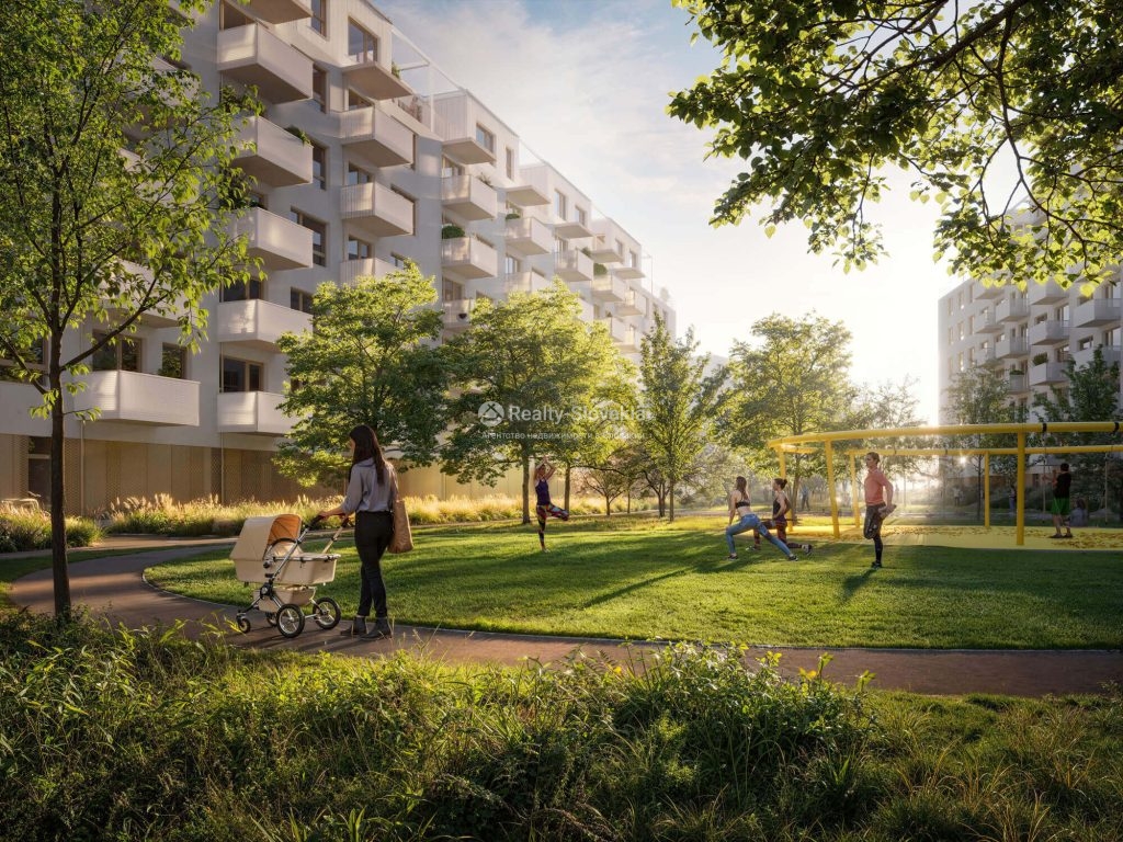 Проект Slnečnice Nové viladomy: Парк между светлыми корпусами с прогулочной дорожкой и тренажёрами