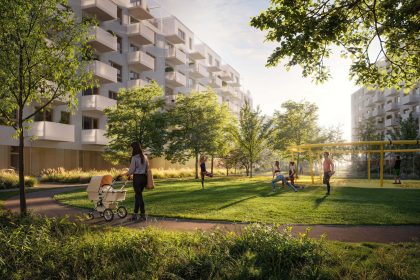 Проект Slnečnice Nové viladomy: Парк между светлыми корпусами с прогулочной дорожкой и тренажёрами