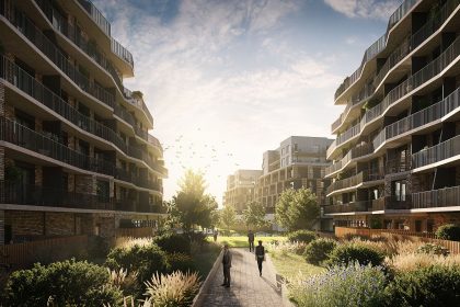 Проект Slnečnice Uniq: Дорожка между кирпичными корпусами с кустарниками в контровом свете