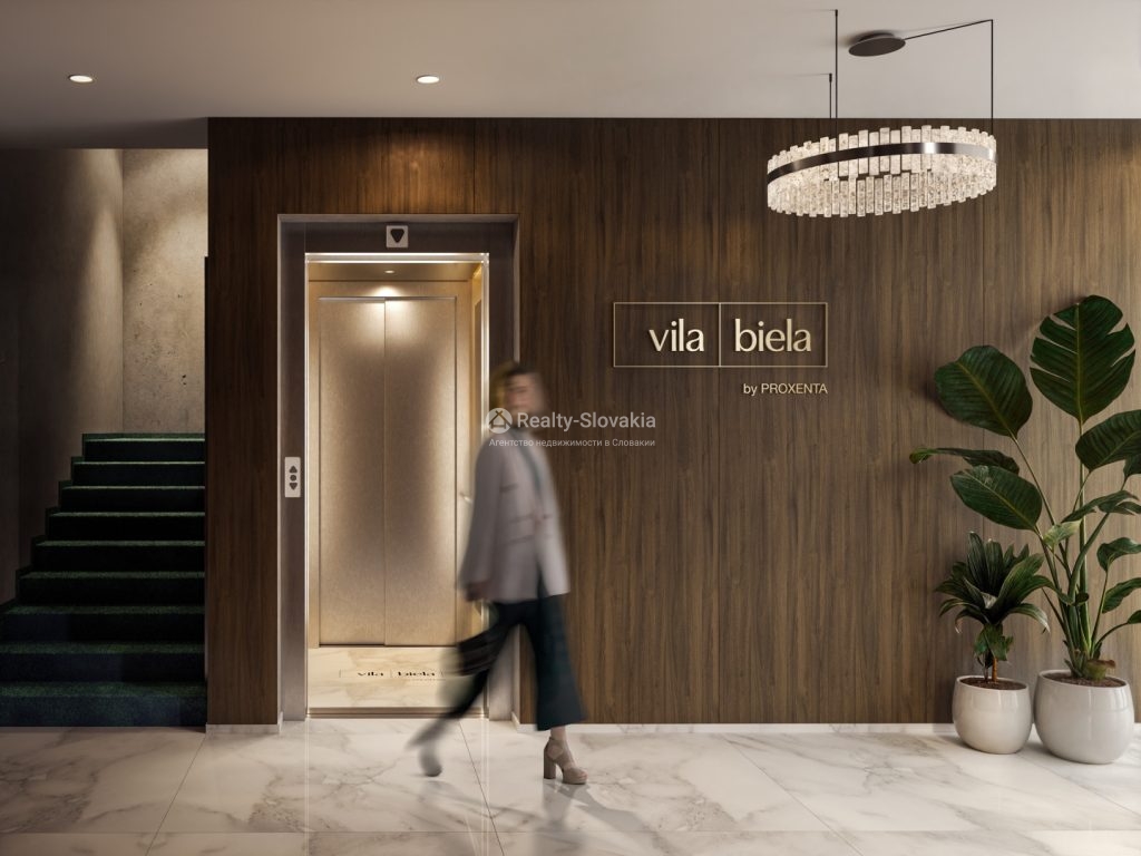Проект Vila Biela: Холл у лифта с тёмной деревянной стеной, лестницей и крупными растениями