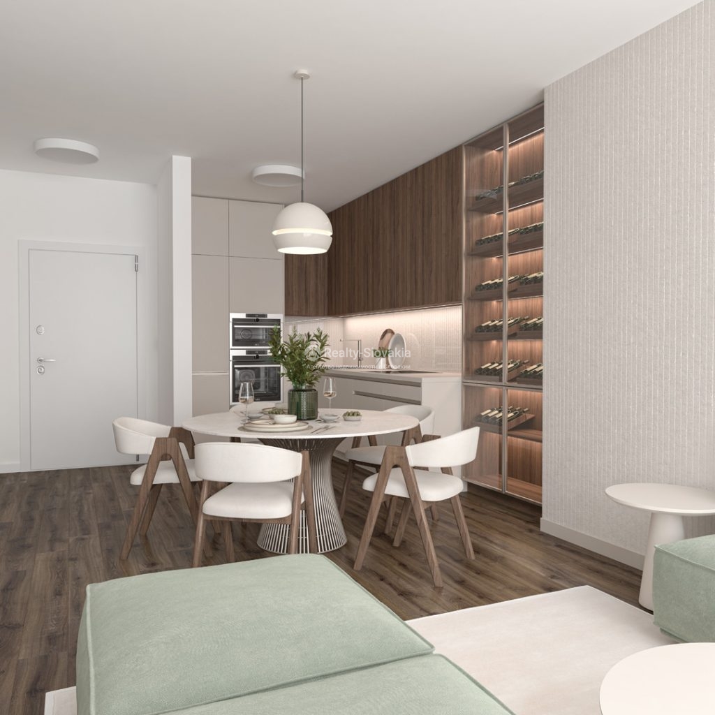 Визуализация. Проект Olivia Residence: Кухня-столовая с круглым столом и витриной