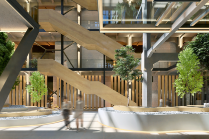 Проект Danubius Lofts: Нижний уровень атриума с деревьями и лестницей