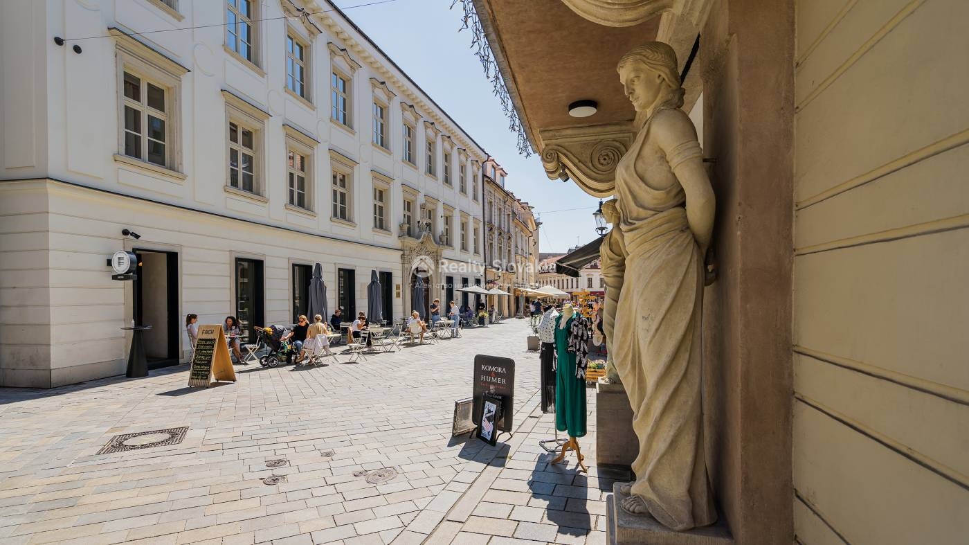 Улица с скульптурой и кафе — 4-к квартира, аренда, Братислава (Старе Место)